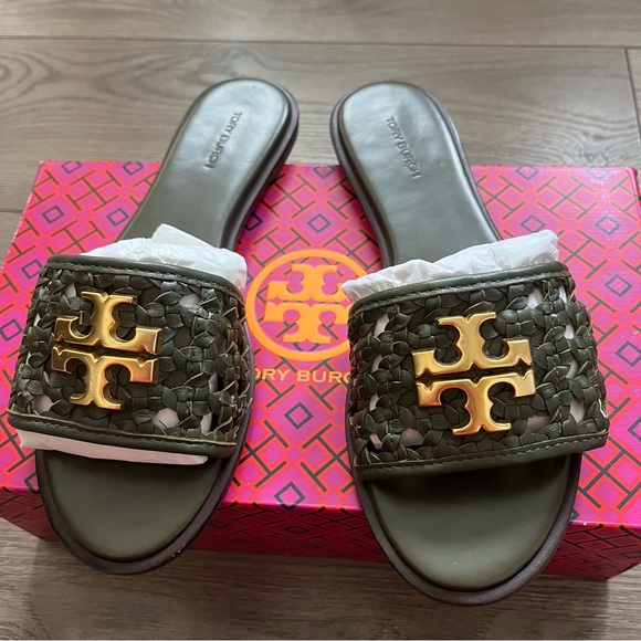 Tory Burch Shoes - TORY BURCH EVERLY SLIDE LECCIO GREEN GOLD LOGO SLIDES